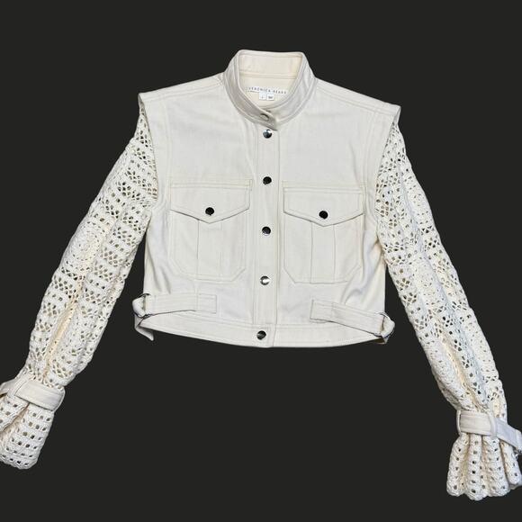 Veronica Beard Aylin Crochet Sleeve Jacket in Ecru Size 0 - Picture 9 of 16